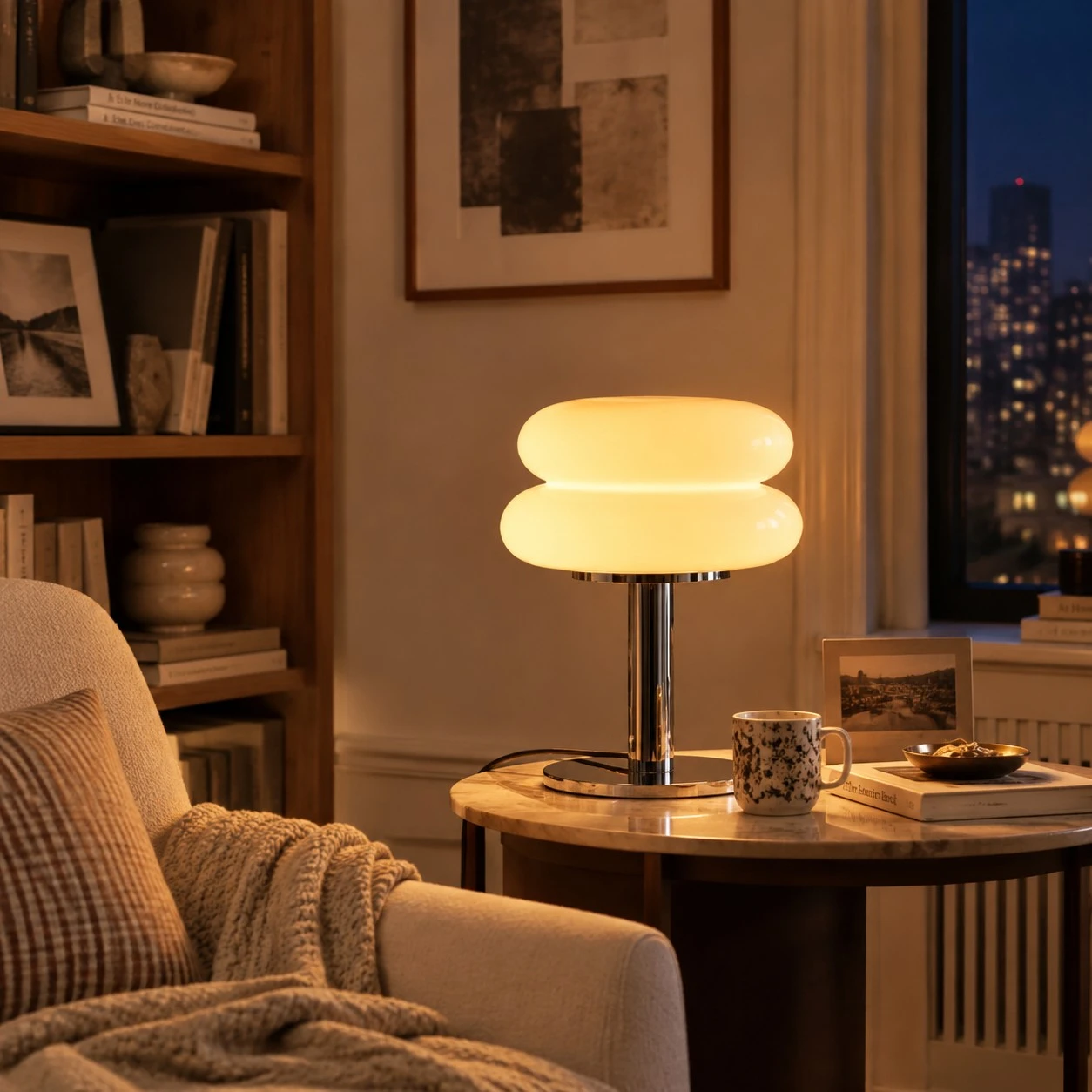 White Lollipop table lamp glowing in a night reading corner