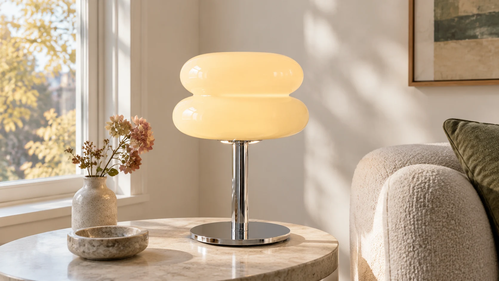 Beige table lamp glowing beside a window