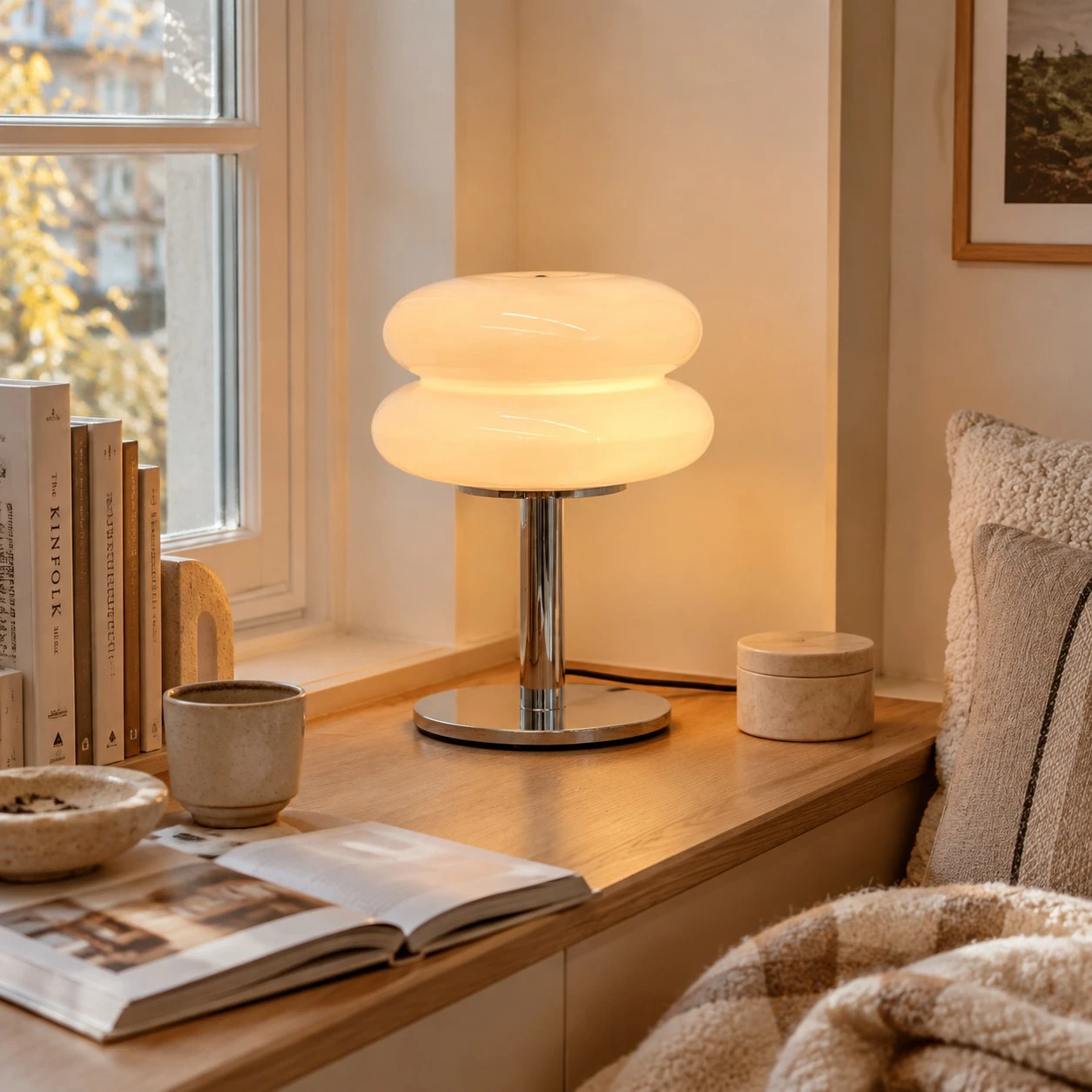 White Lollipop table lamp glowing beside an autumn window
