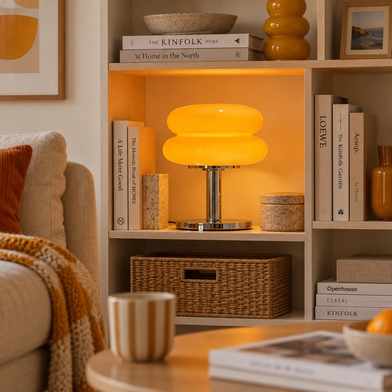 Orange Lollipop table lamp glowing on a warm bookshelf