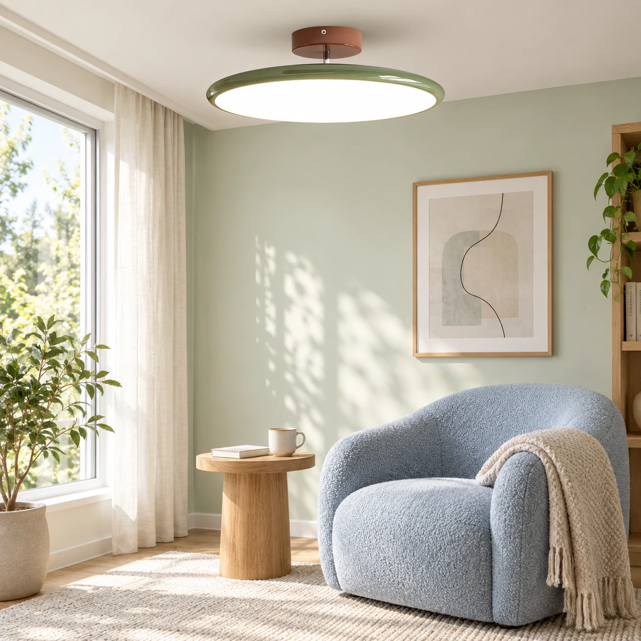Green Odin ceiling light in a Nordic reading corner
