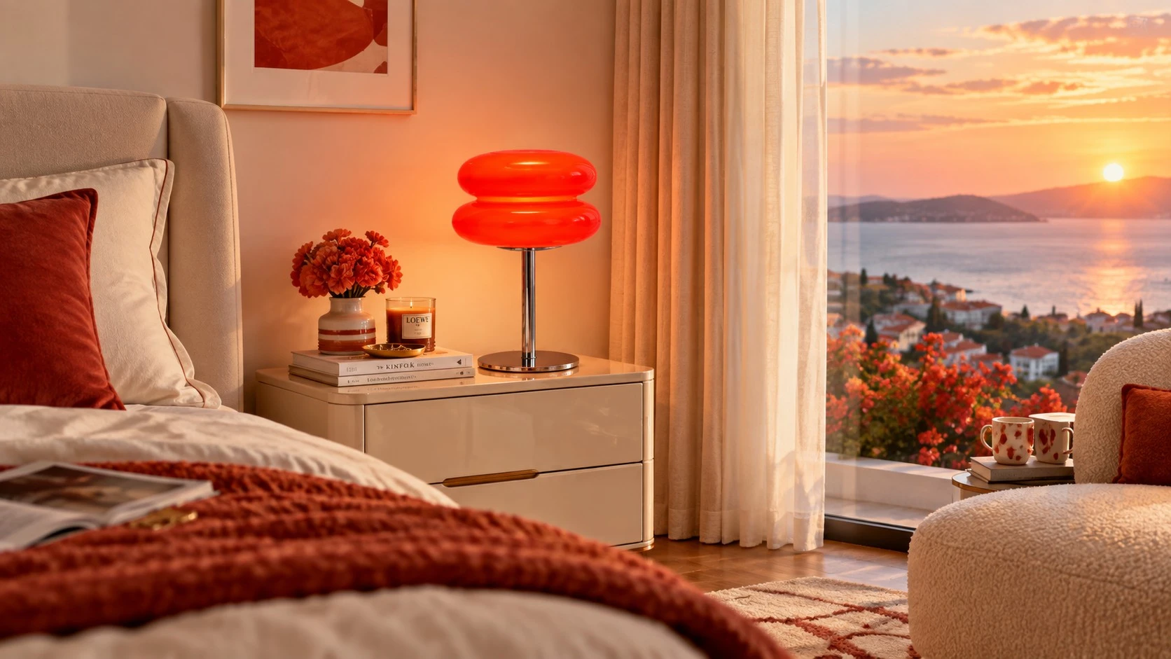 Red Lollipop table lamp glowing in a warm sunset bedroom