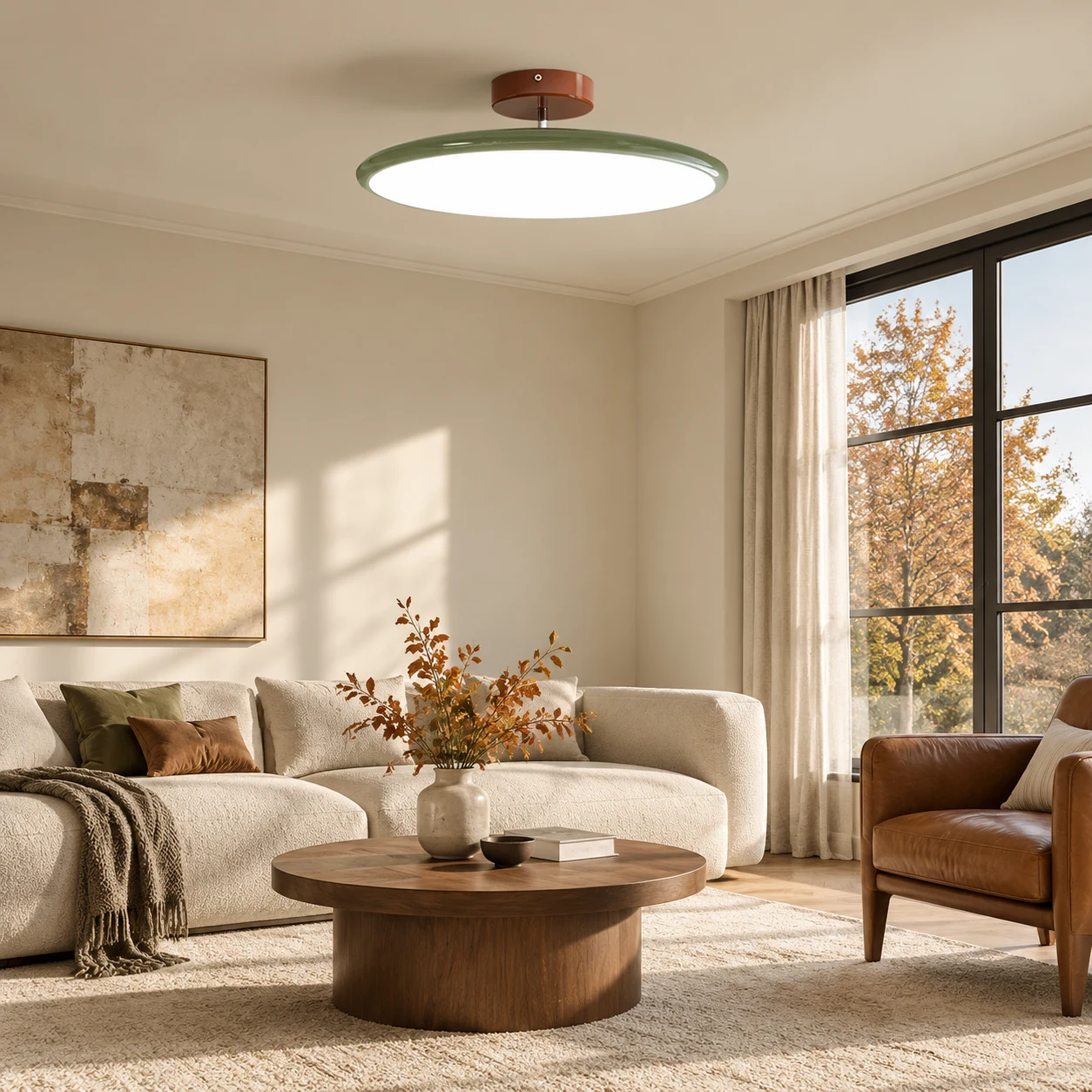Odin ceiling light above a warm modern lounge with autumn light