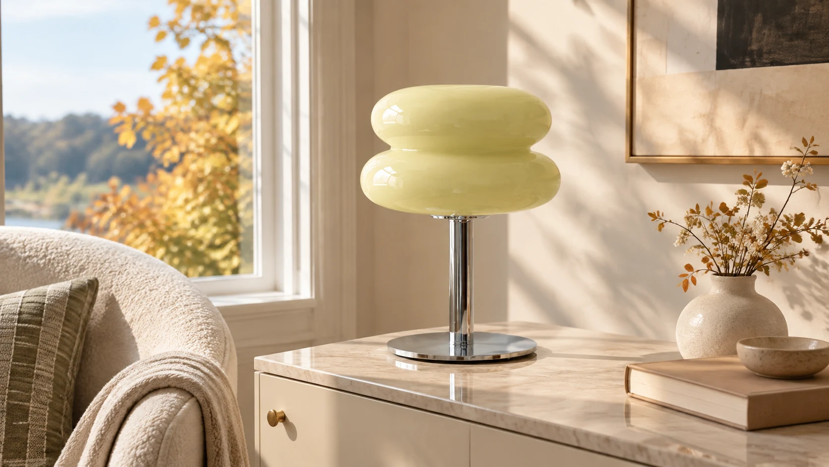 Beige Lollipop table lamp in a bright reading corner