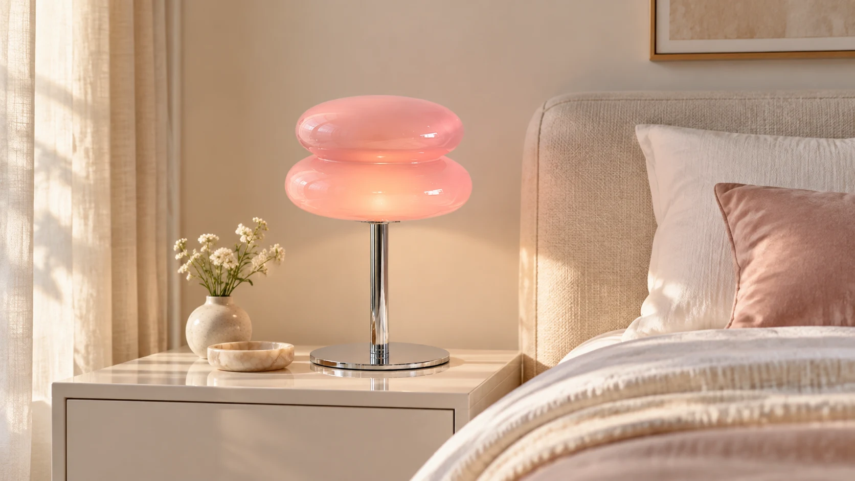 Pink Lollipop table lamp in a warm bedroom