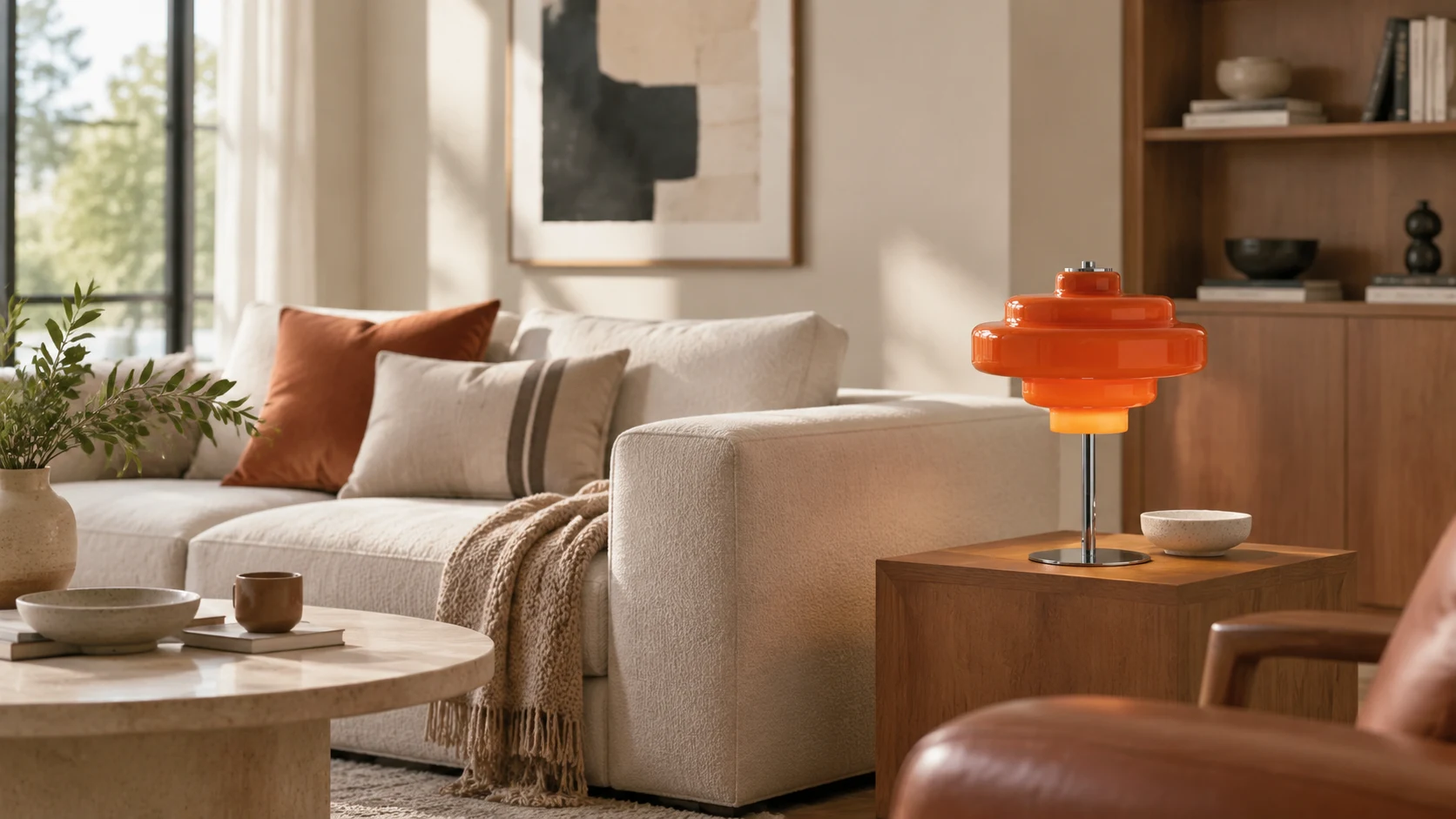 Odin ceiling light above a warm modern lounge with autumn light