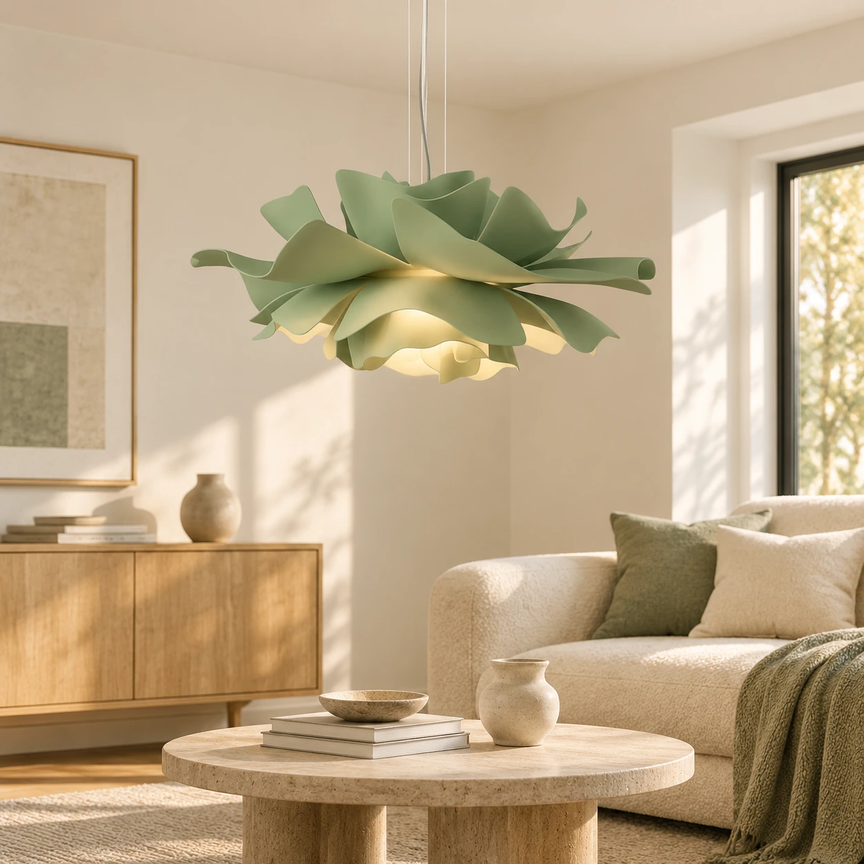 Sage green lotus pendant above a lived-in dining table