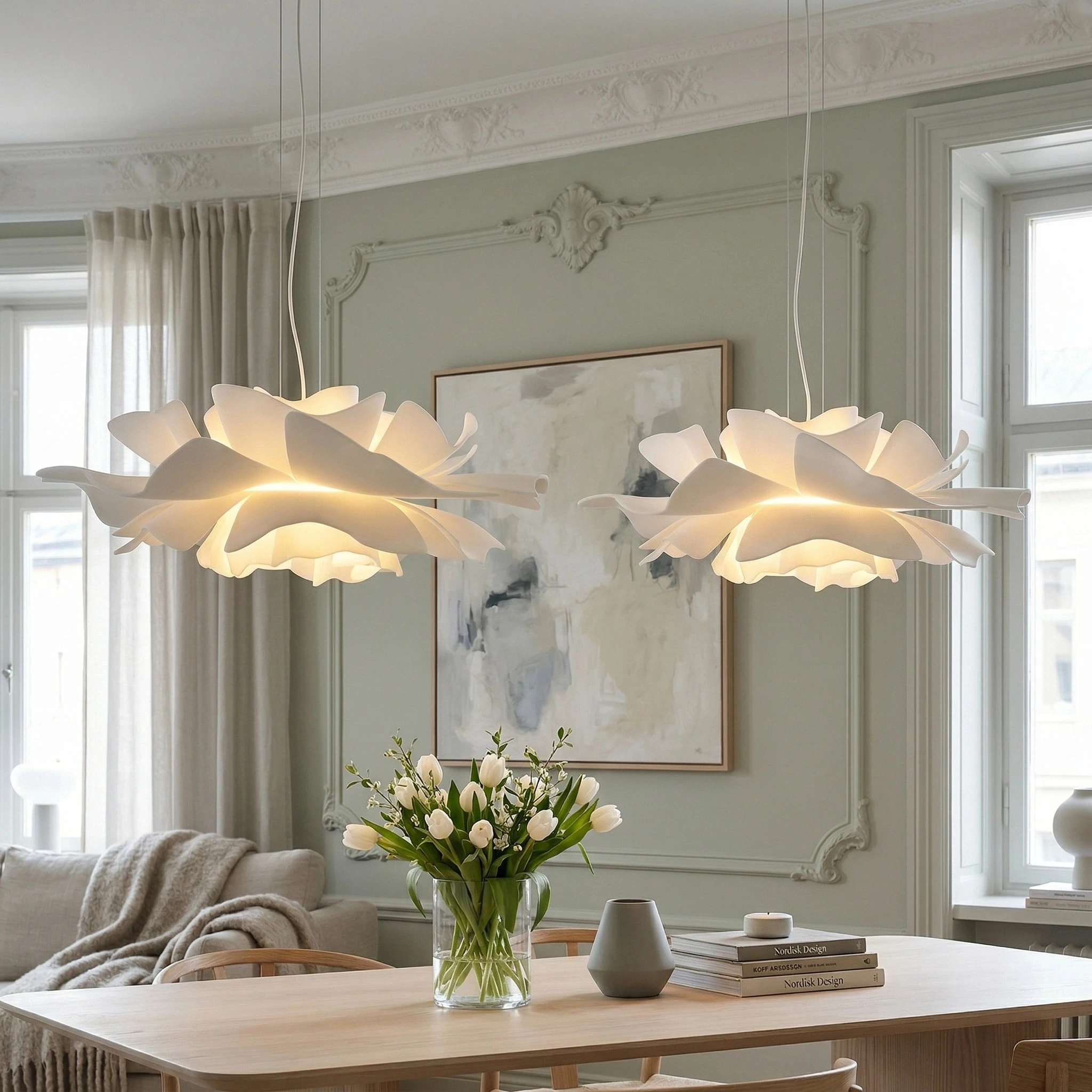 White lotus pendant in a warm contemporary room