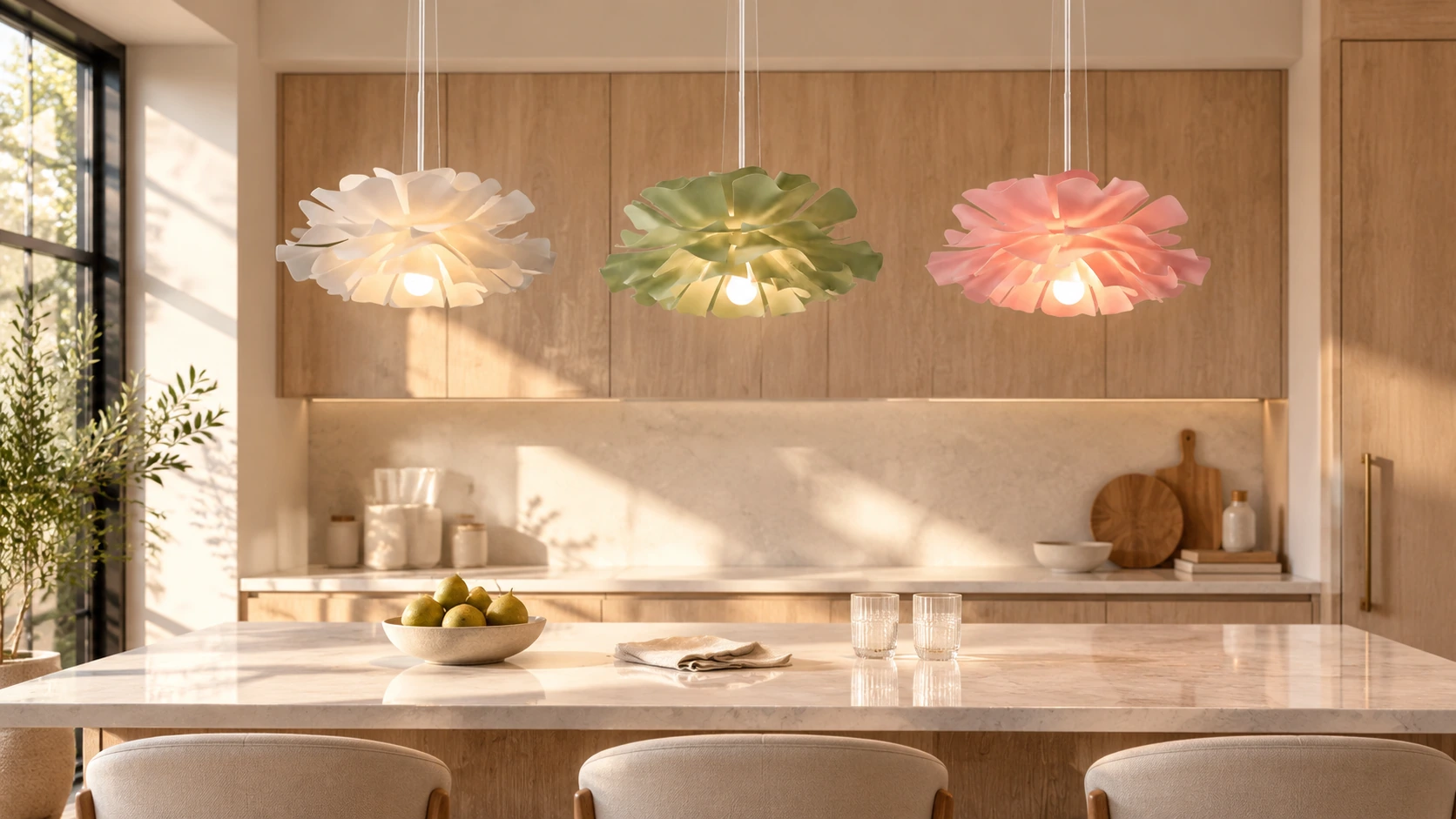 White, sage green and pink lotus pendant lights above a warm modern kitchen island