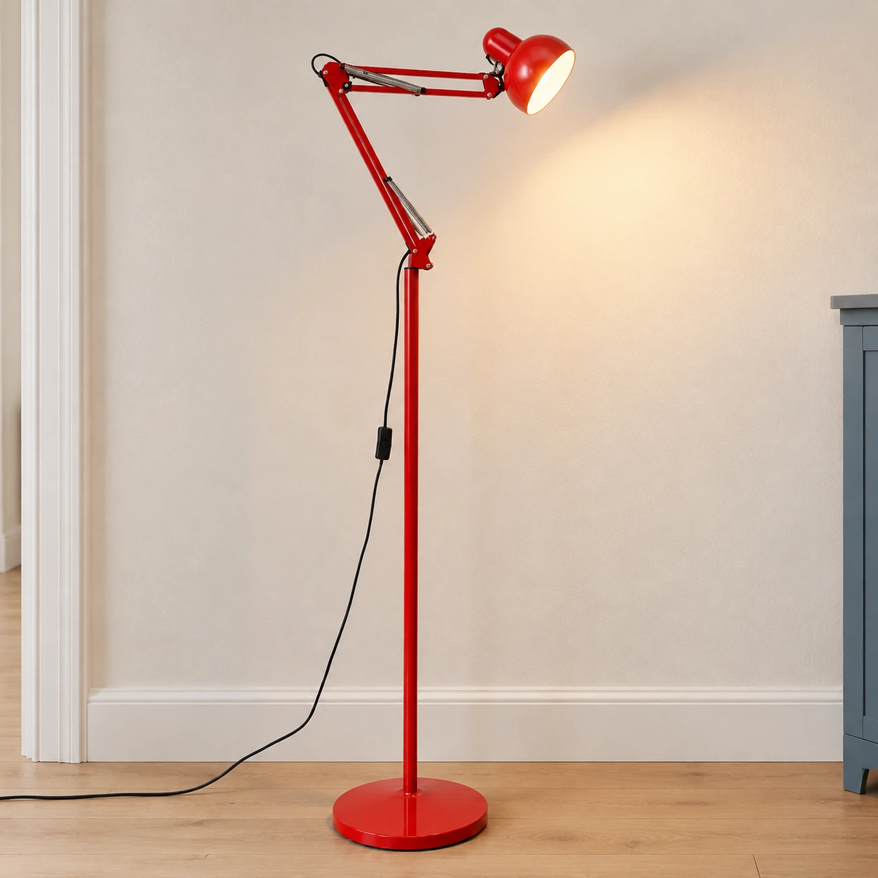 Red floor lamp, full product view