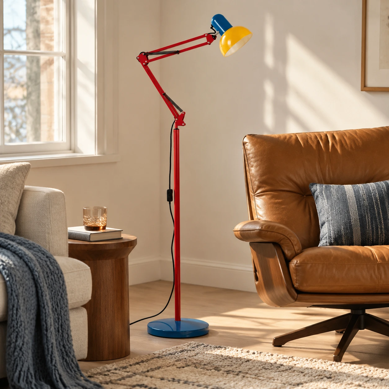 Multicolour floor lamp beside a leather chair