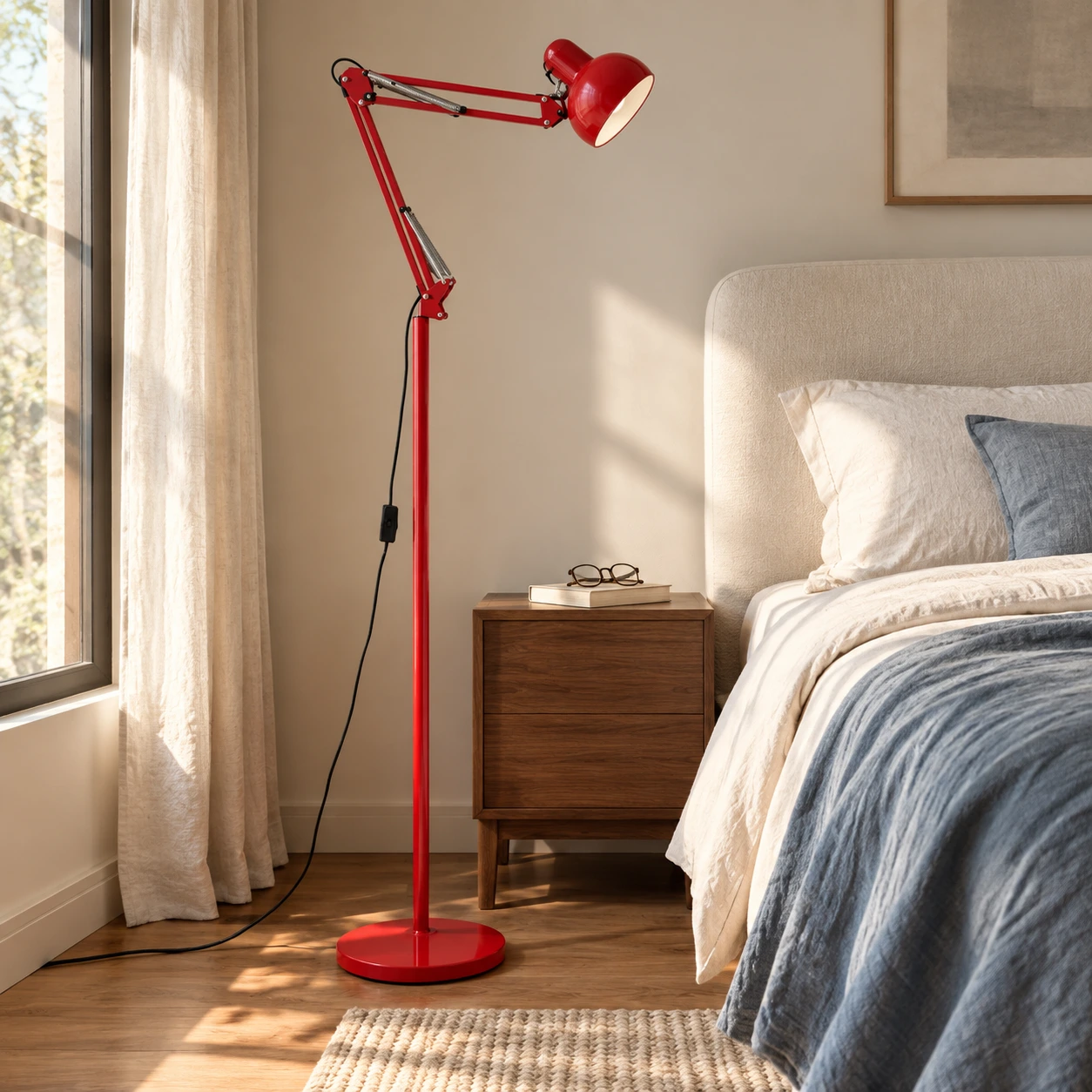 Red floor lamp beside an upholstered bed