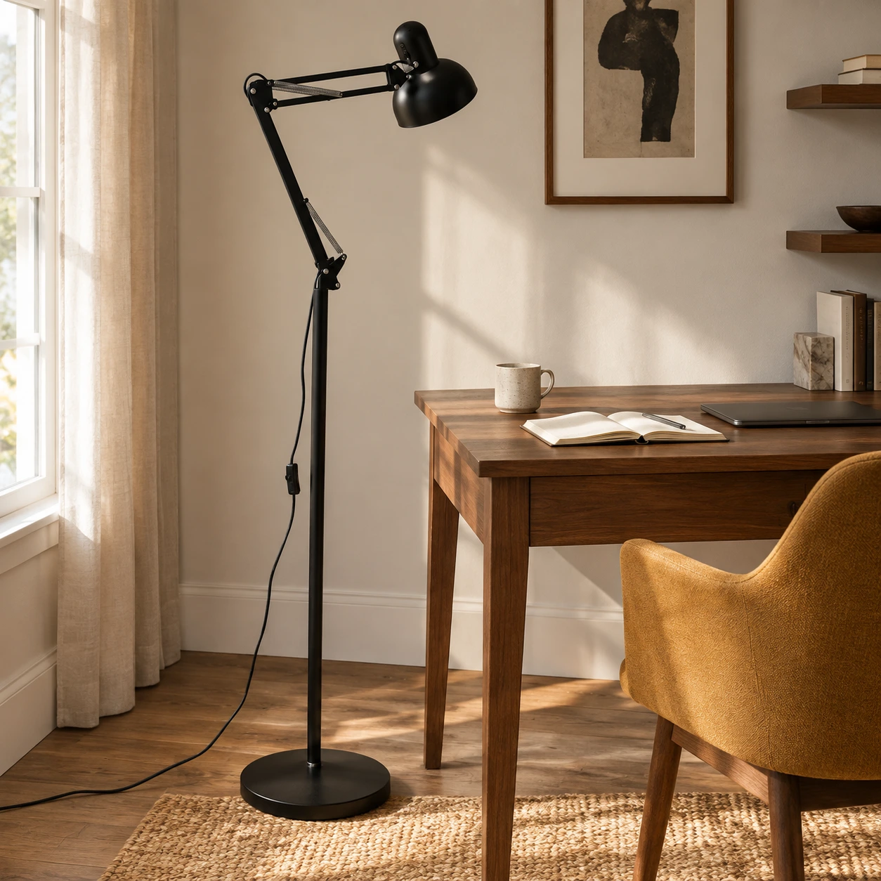 Black floor lamp beside a home study desk