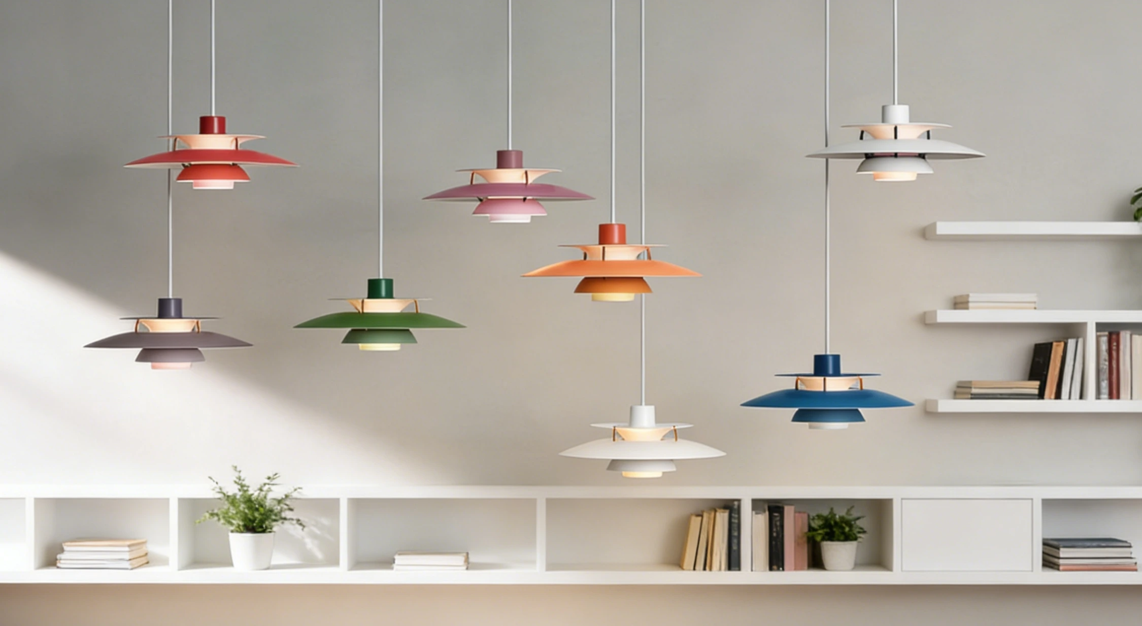 Complete display of the available multi-tier pendant lamp colors in a minimalist room