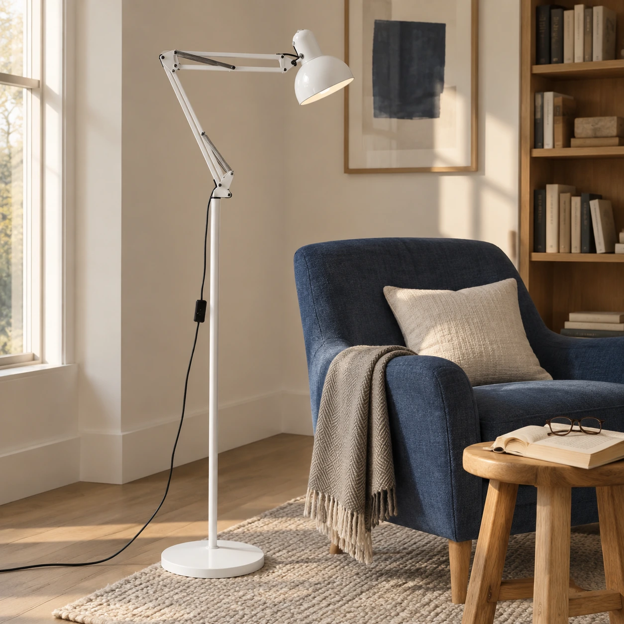 White floor lamp in a Nordic reading corner
