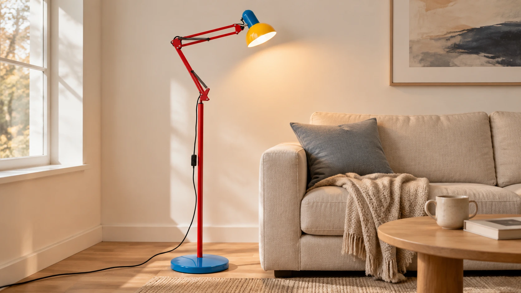 Illuminated yellow, red and blue adjustable floor lamp beside a warm contemporary sofa