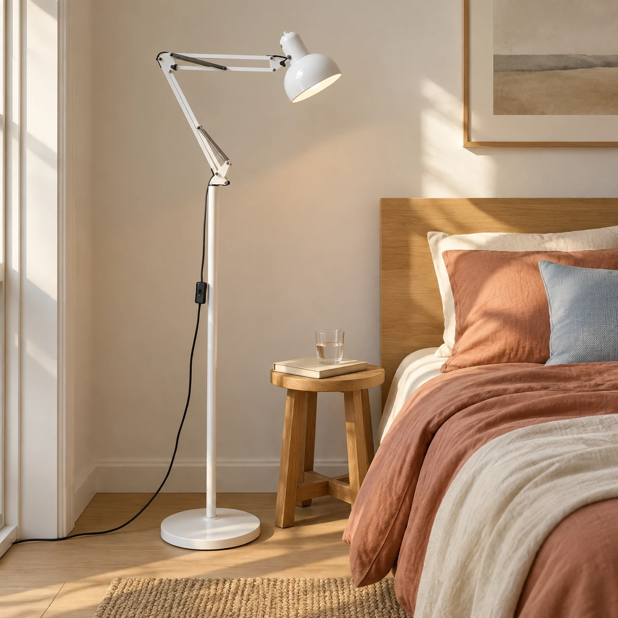 White floor lamp beside a warm bedroom