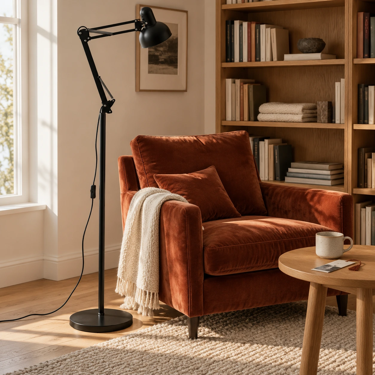Black floor lamp beside a rust-coloured reading chair