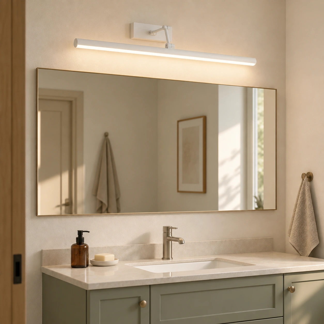 White wall light over a bathroom vanity