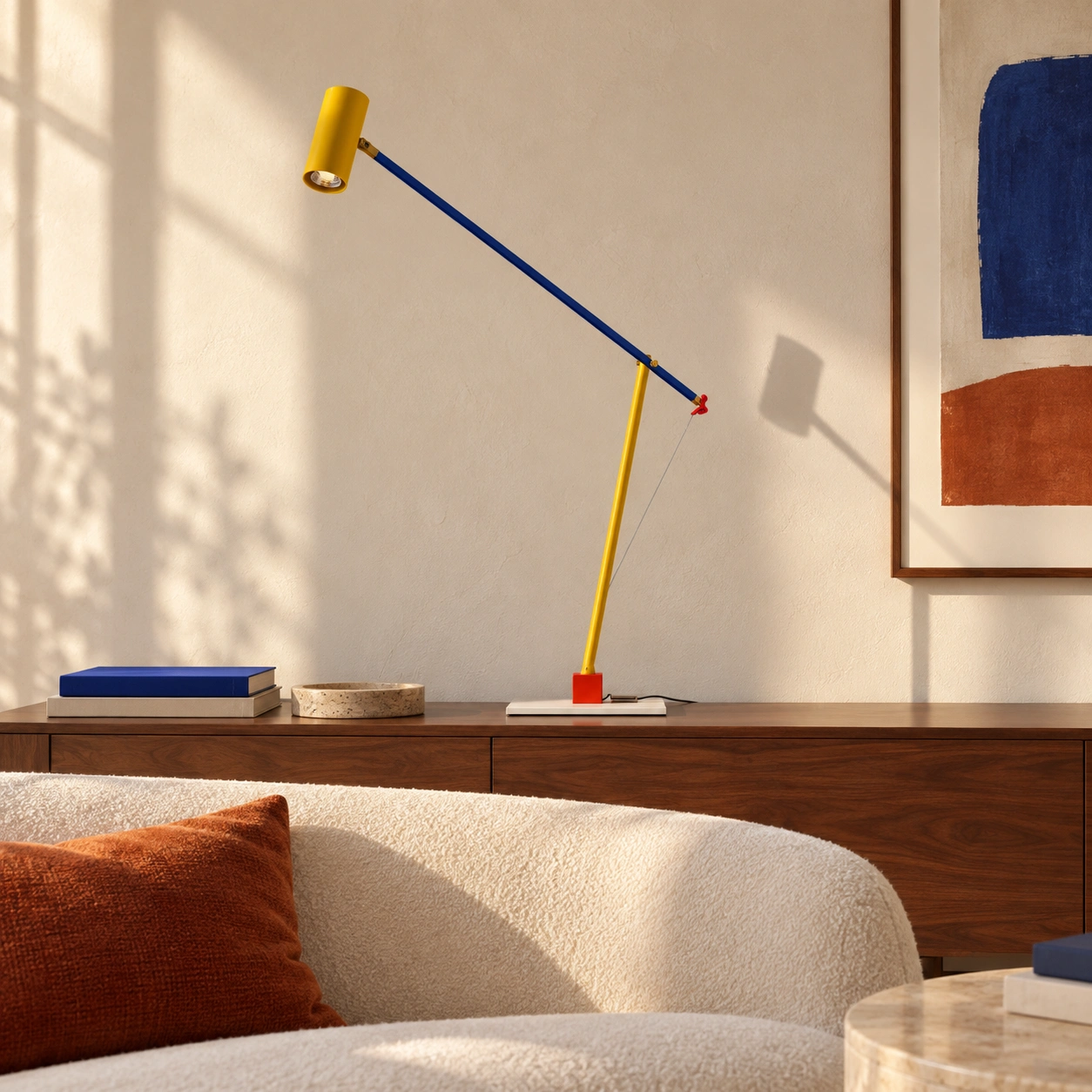 Ettorino lamp on a walnut console beside an ivory sofa