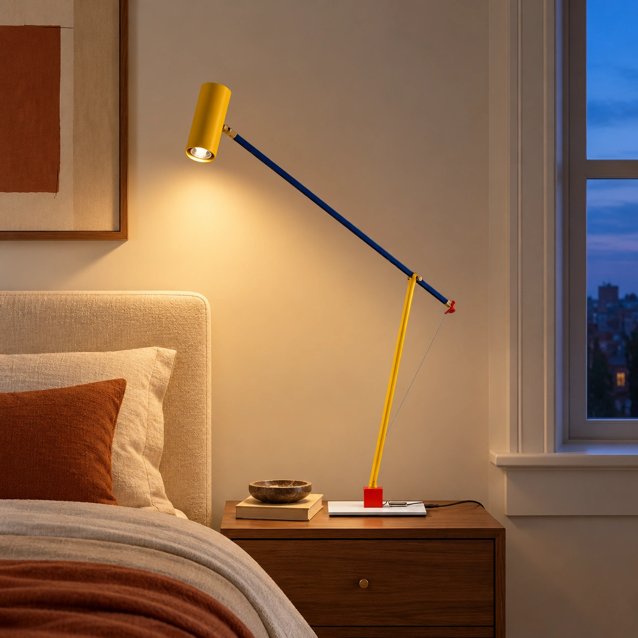 Lamp in a blue-hour bedroom