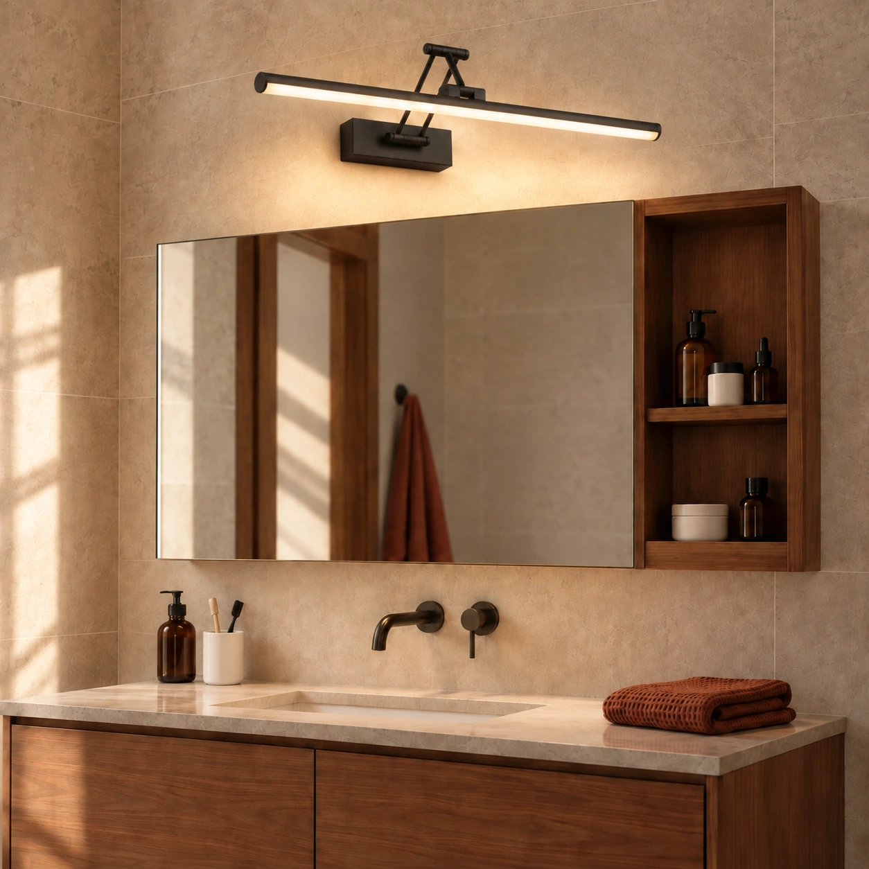Black wall light over a walnut cabinet