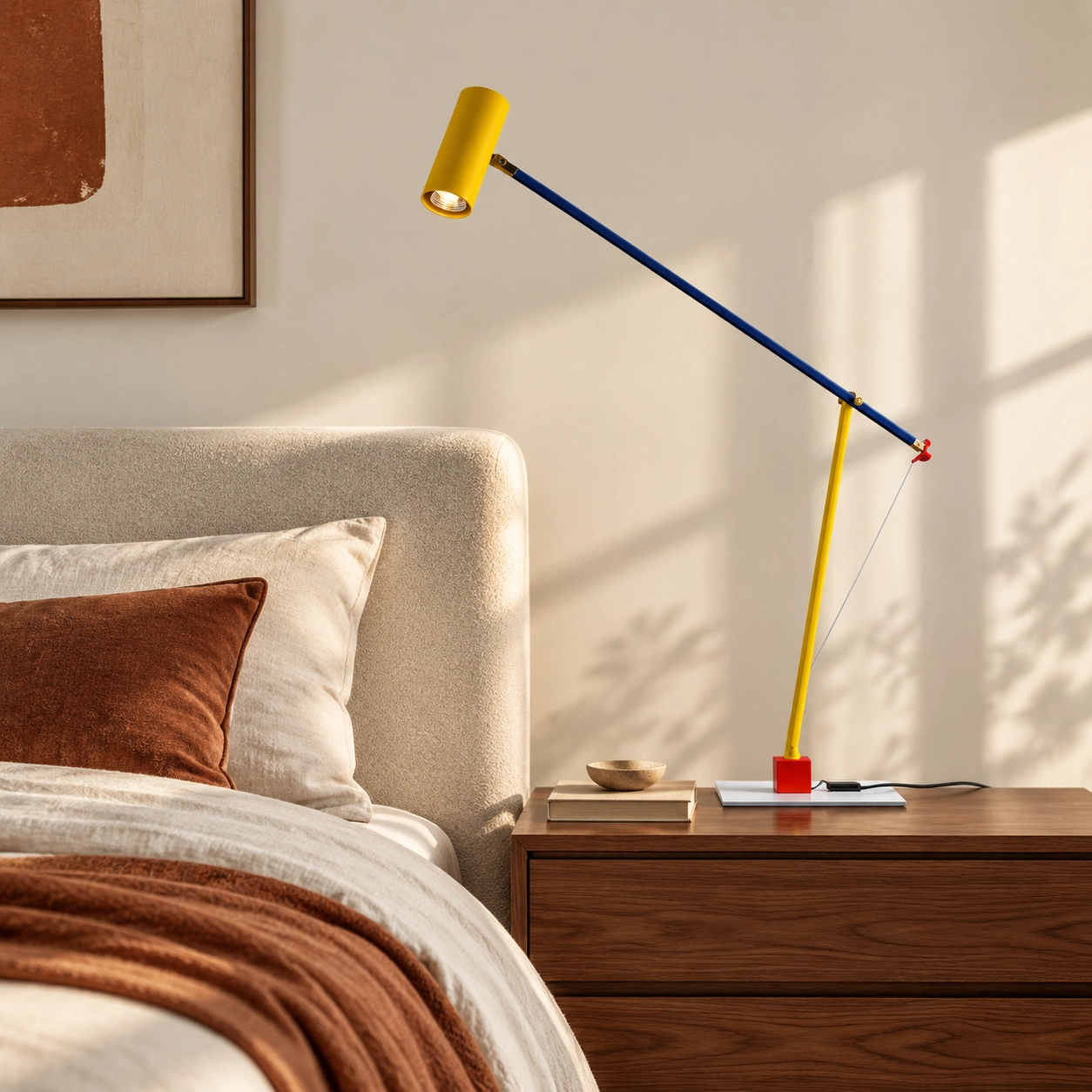 Ettorino lamp on a walnut bedside cabinet