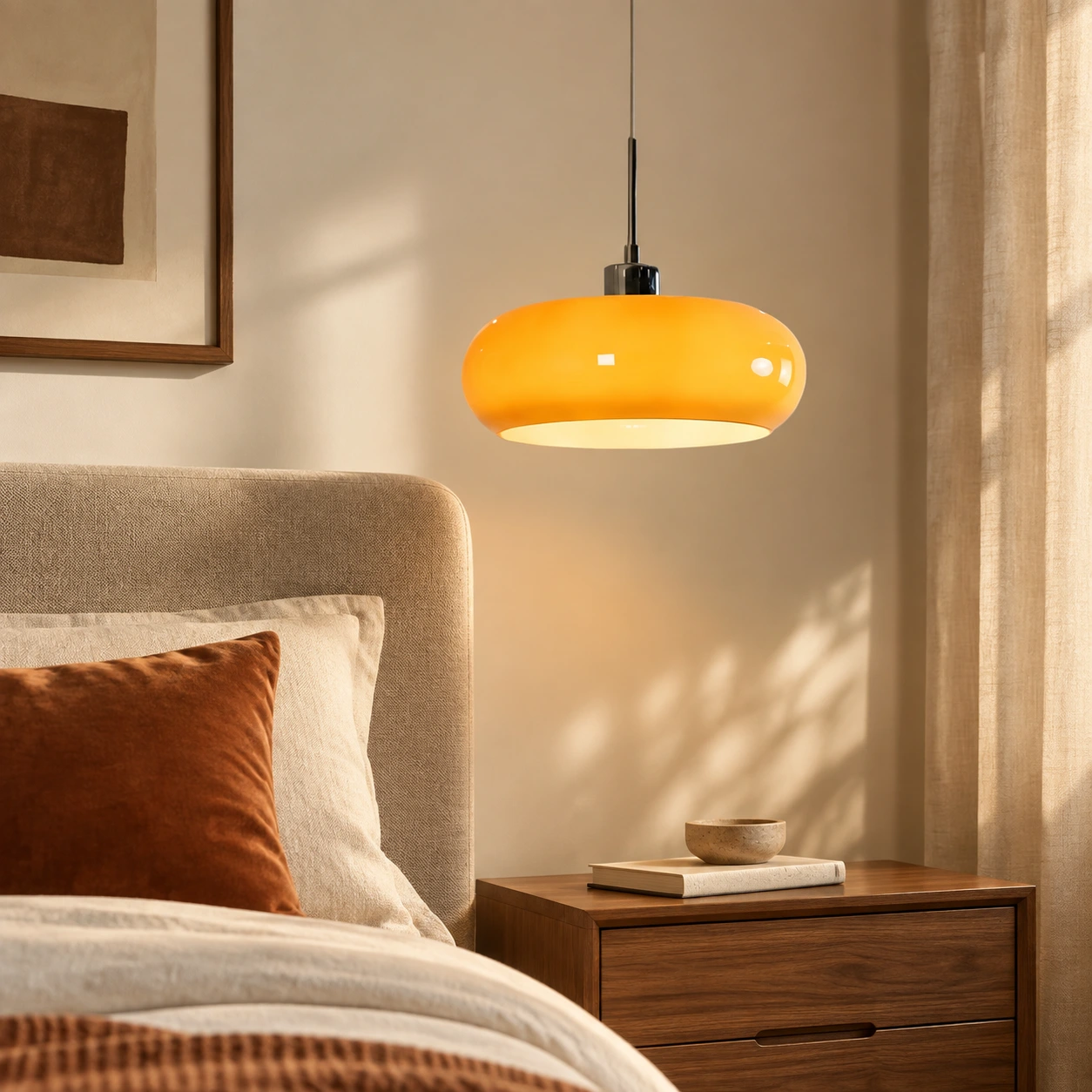 Bauhaus glass pendant in a warm bedroom