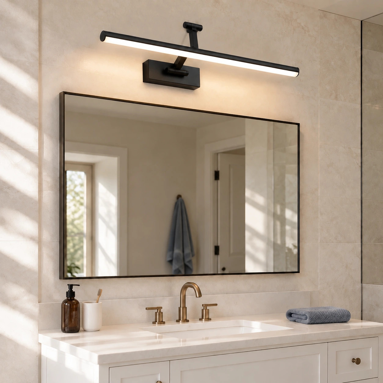 Black wall light above a white bathroom cabinet
