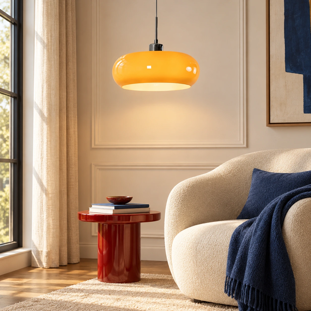 Orange glass pendant in a reading area