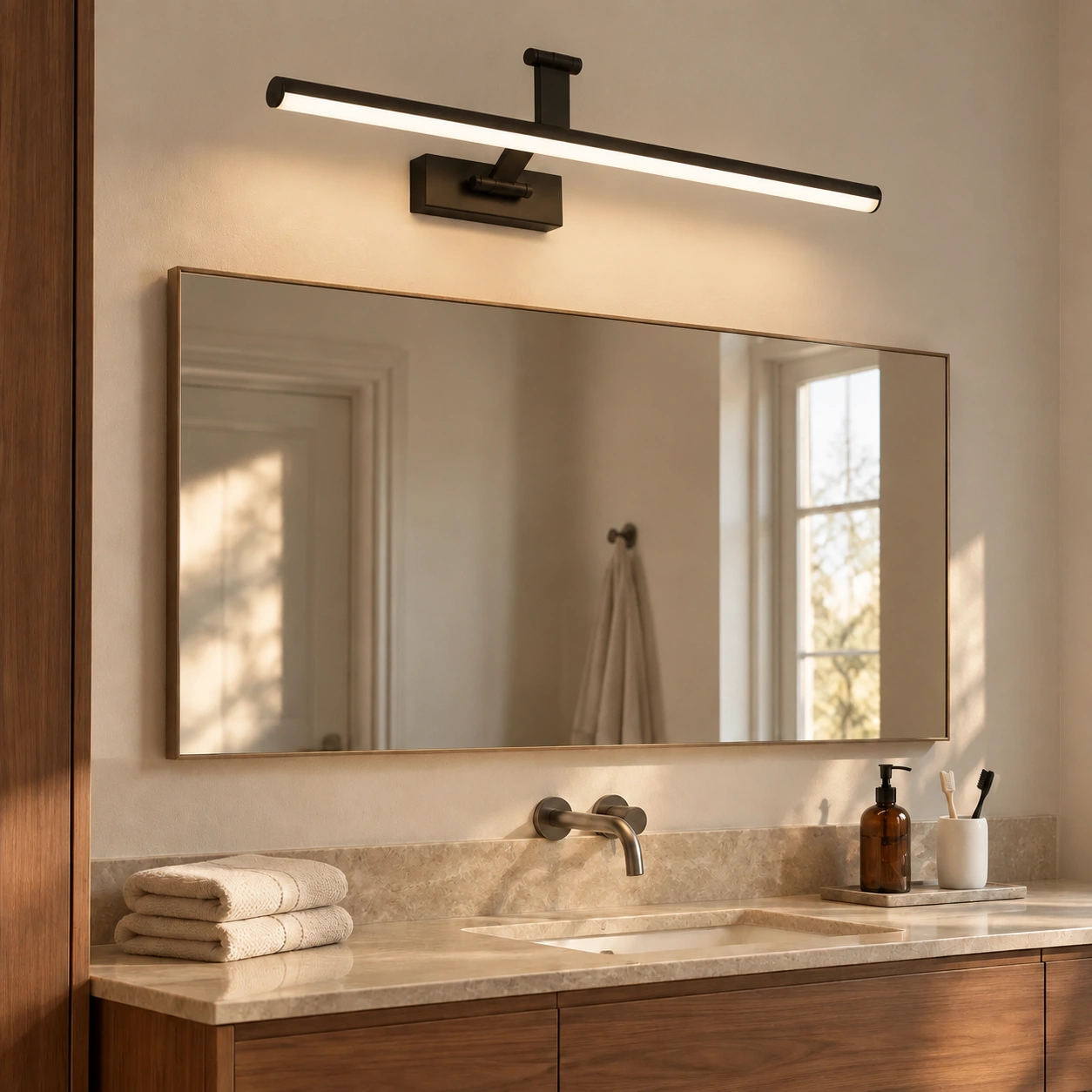 Black wall light over a warm vanity