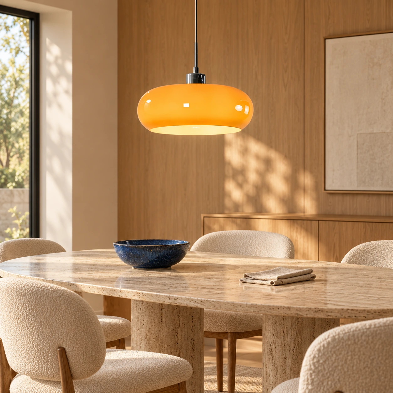 Bauhaus glass pendant in a warm dining