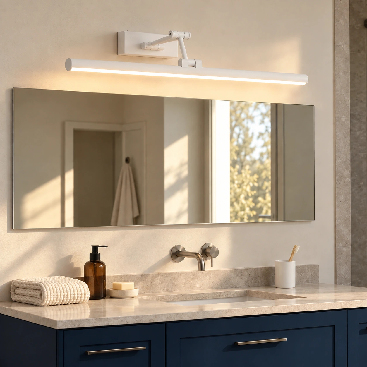 White wall light above a navy bathroom cabinet
