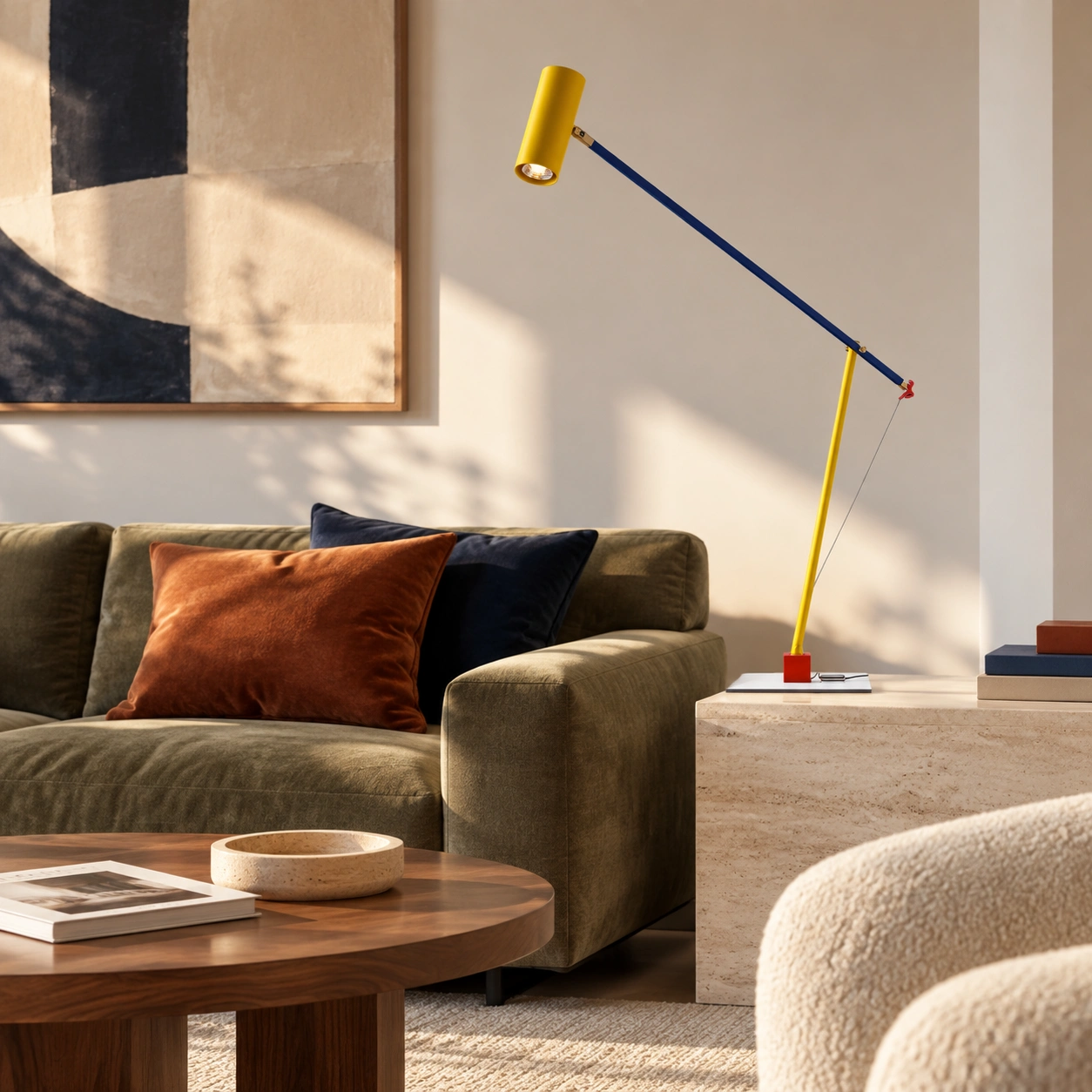 Lamp beside an olive sofa