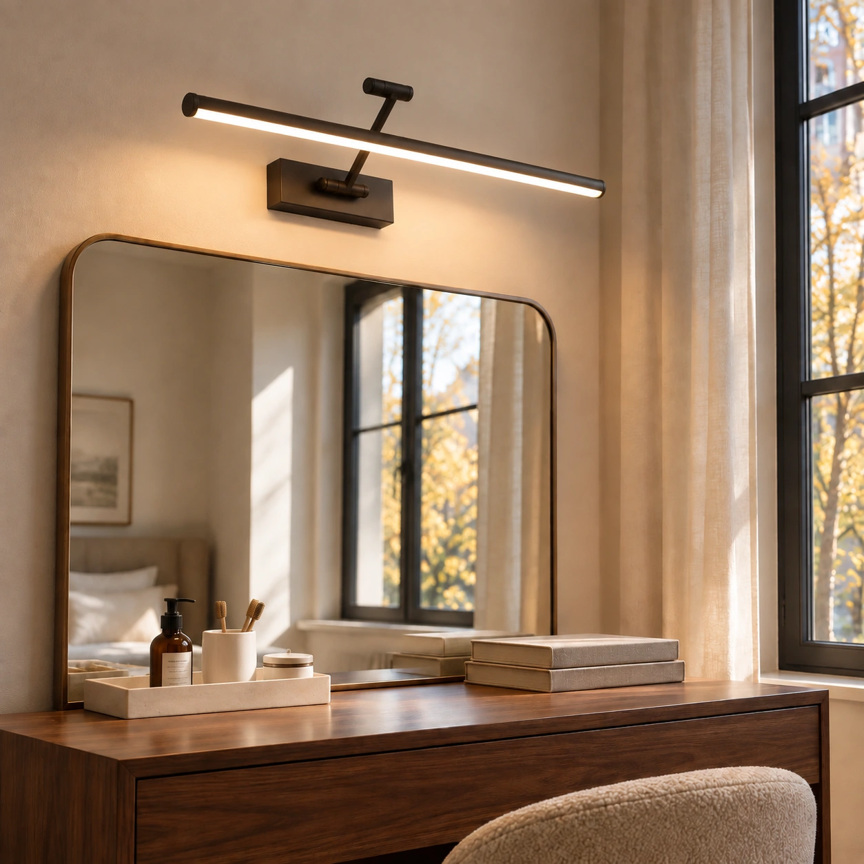 Black wall light above a dressing mirror with autumn light