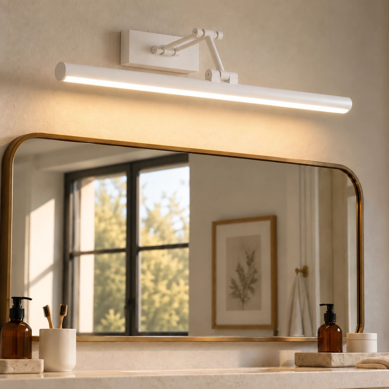 White wall light above a mirror in a close interior scene