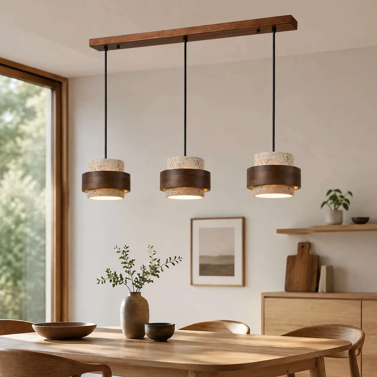 Three-head natural travertine pendant over a bright dining table