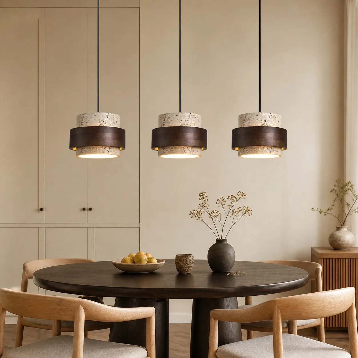 Three-head natural pendant in a bright dining room