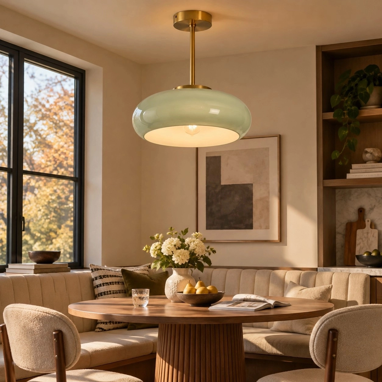 Green glass disc ceiling light in a light dining room