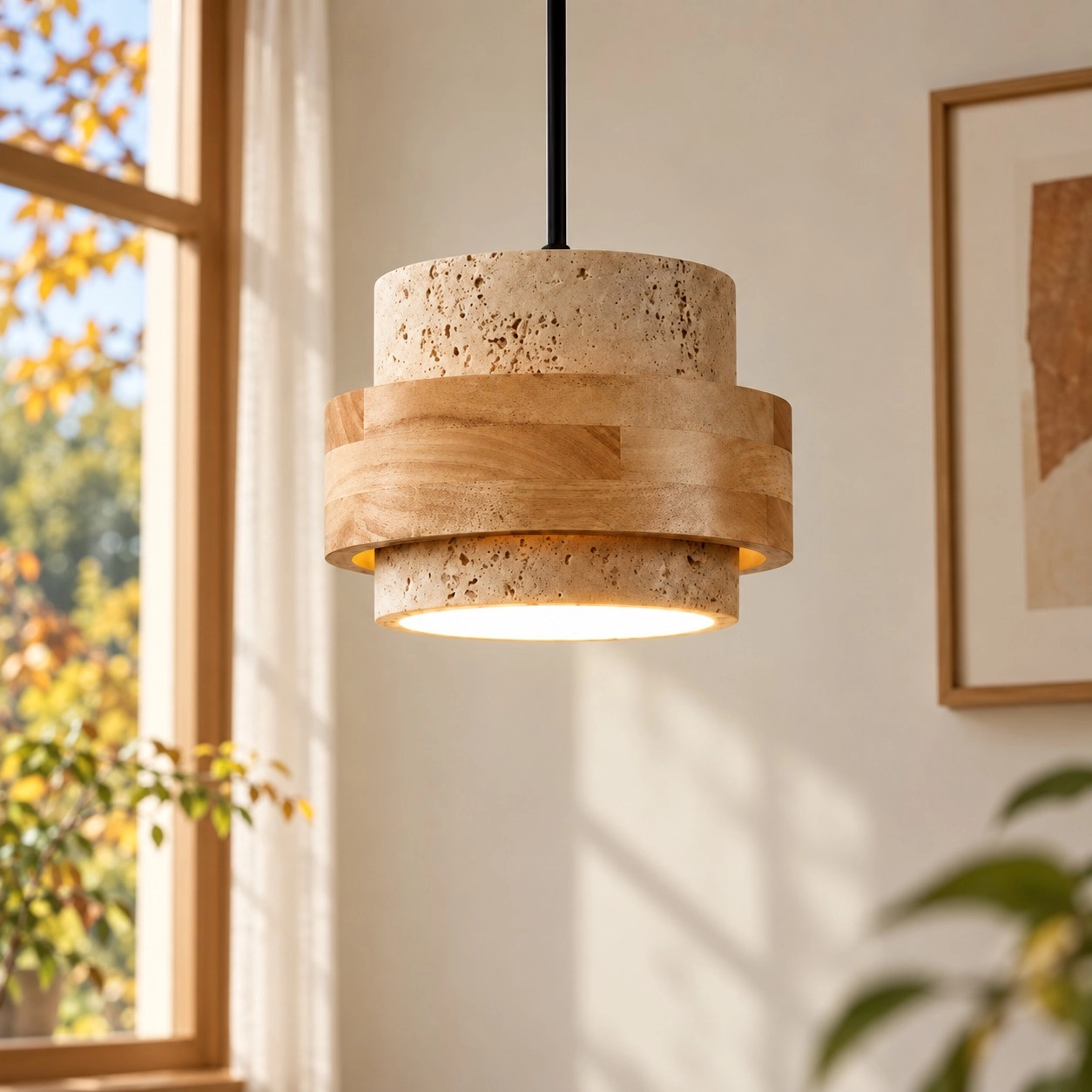 Three-head natural pendant above a calm dining setting