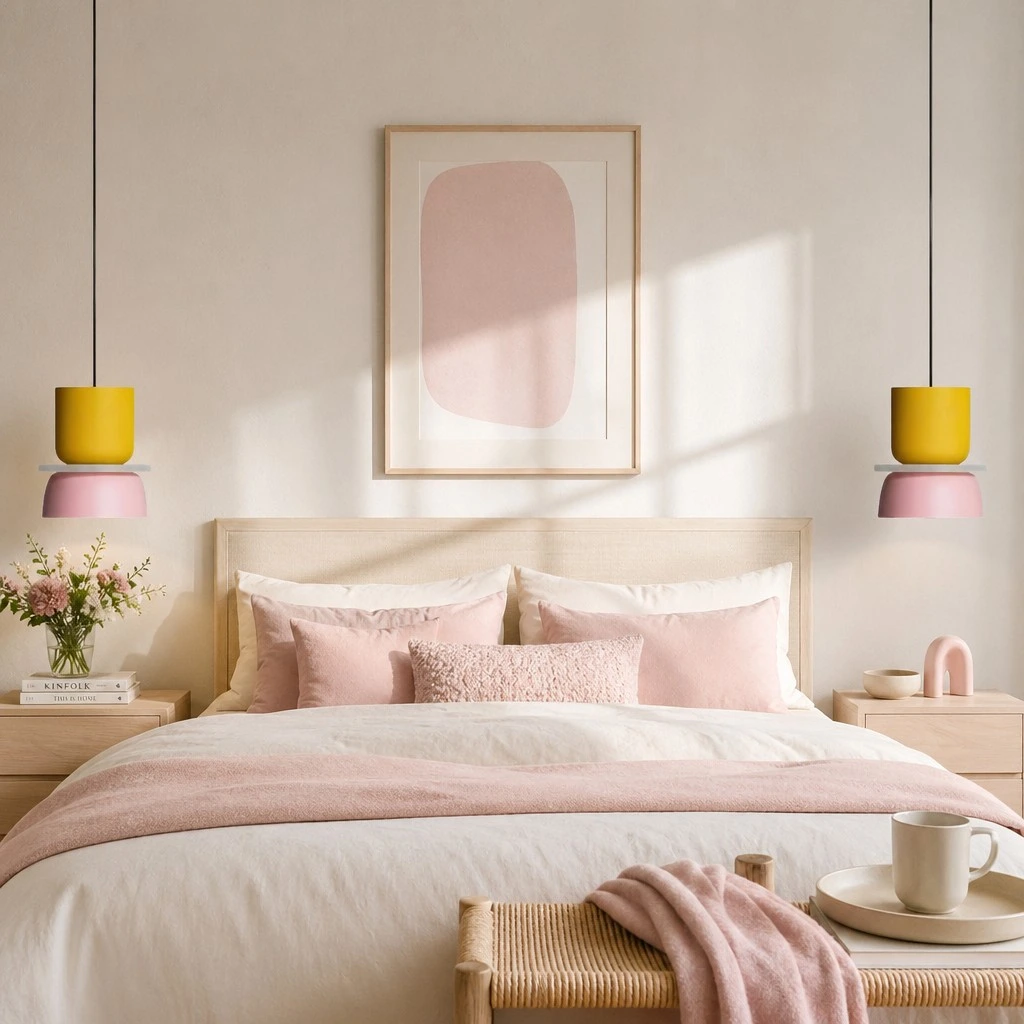 Pendant lighting beside a bed