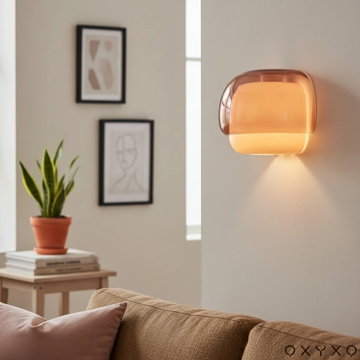 Orange wall sconce beside a sofa