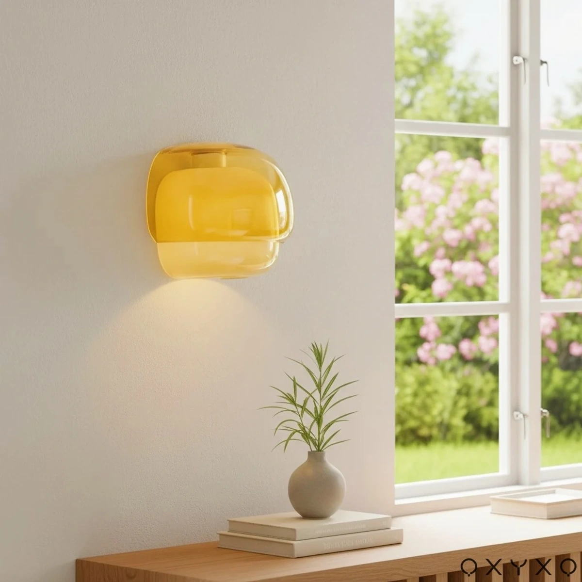 Orange wall sconce by a bright window