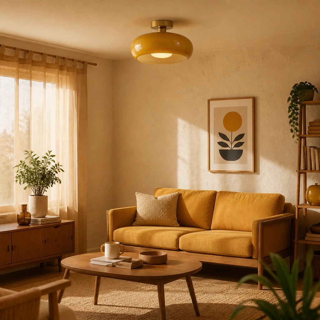 Orange ceiling light in a calm lounge