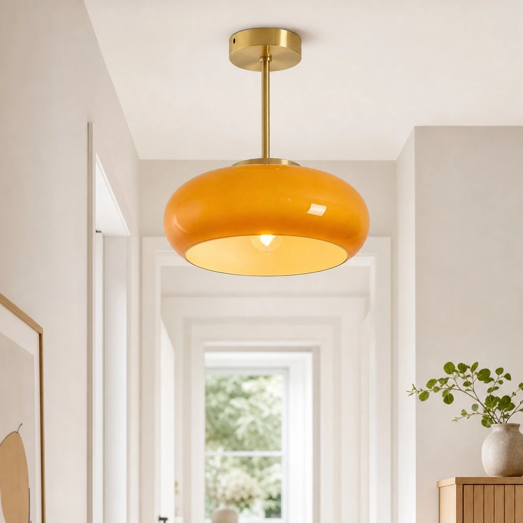 Orange glass disc ceiling light in a warm dining room