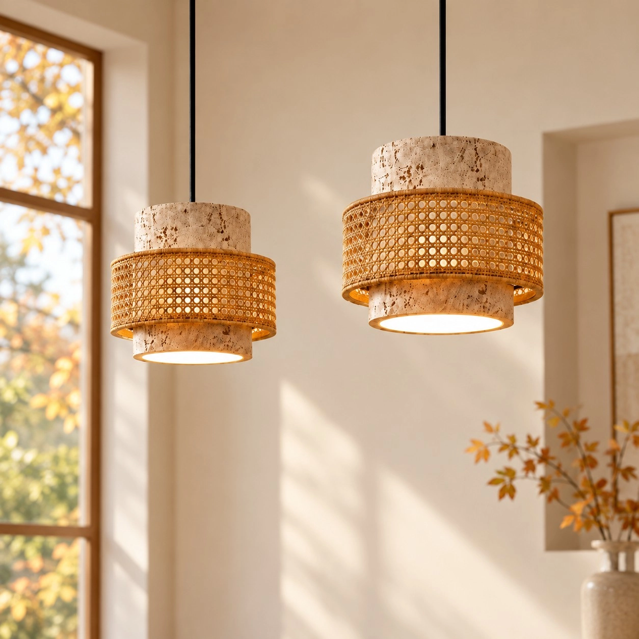 Three-head natural travertine pendant above a contemporary dining table