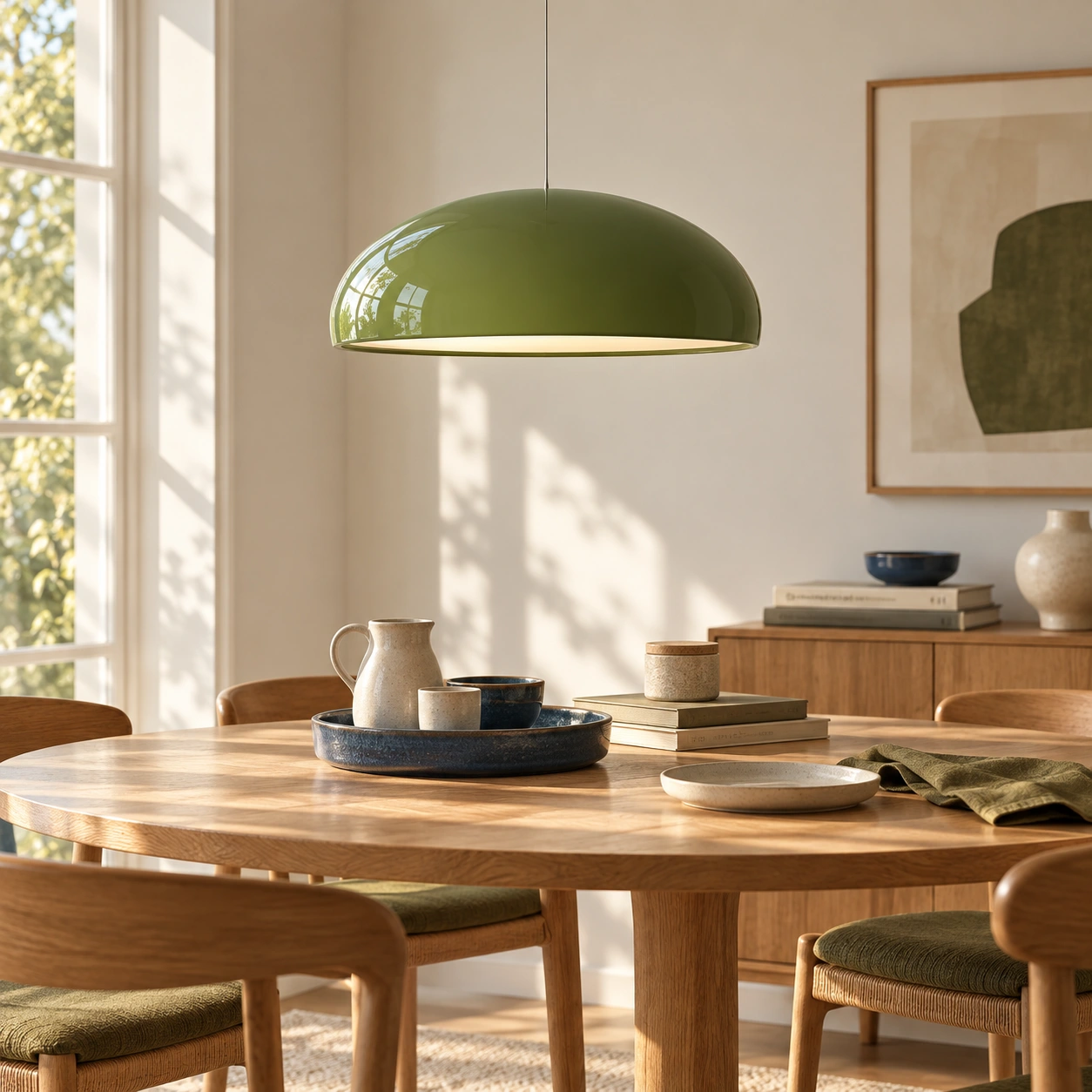 Green acrylic pendant in a warm modern interior