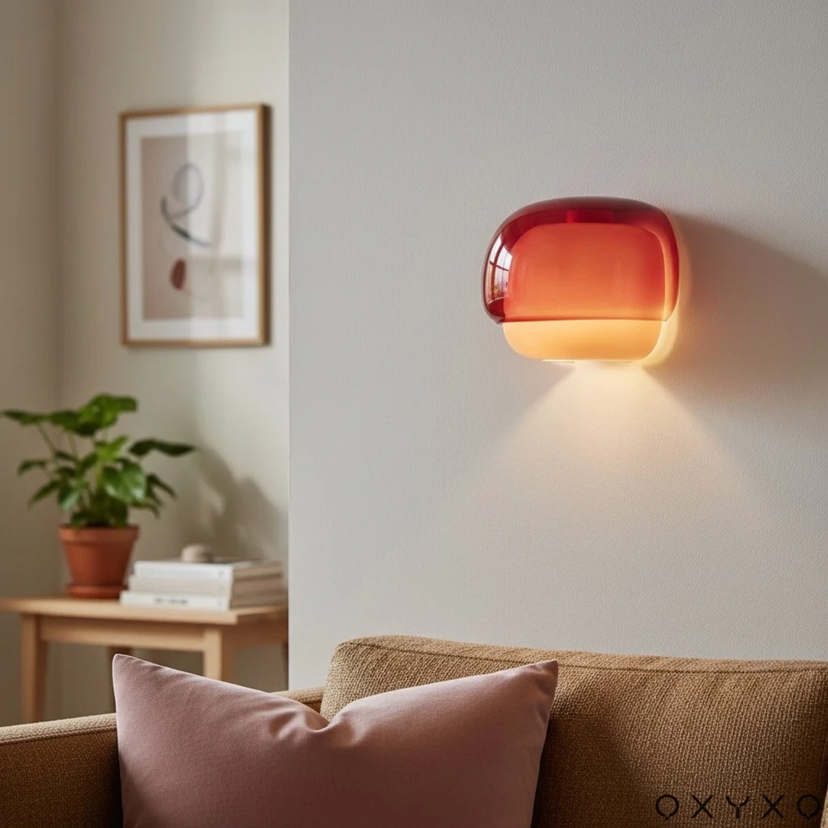 Blush wall sconce beside a bed