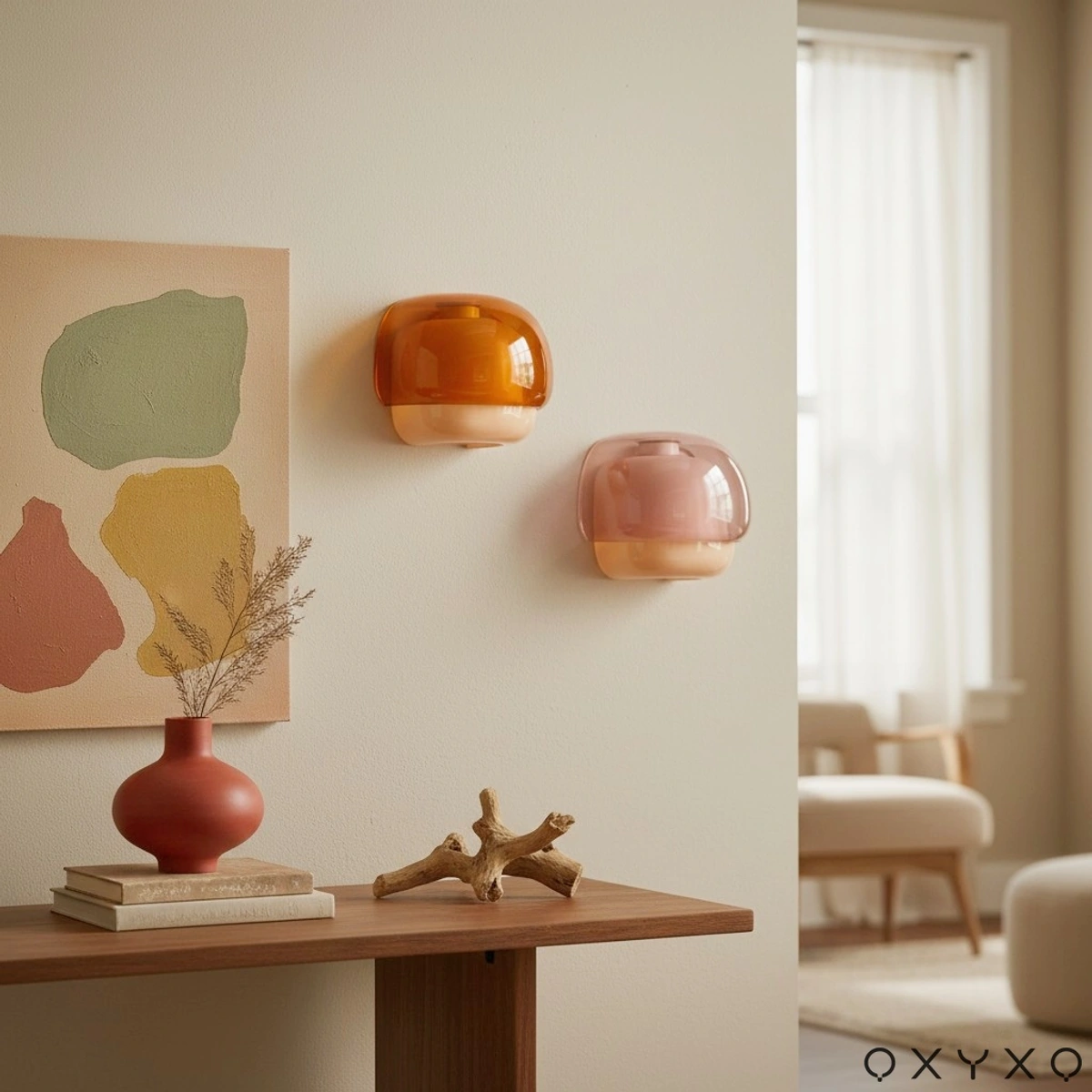 Orange and blush Sullivan wall sconces in a warm entryway