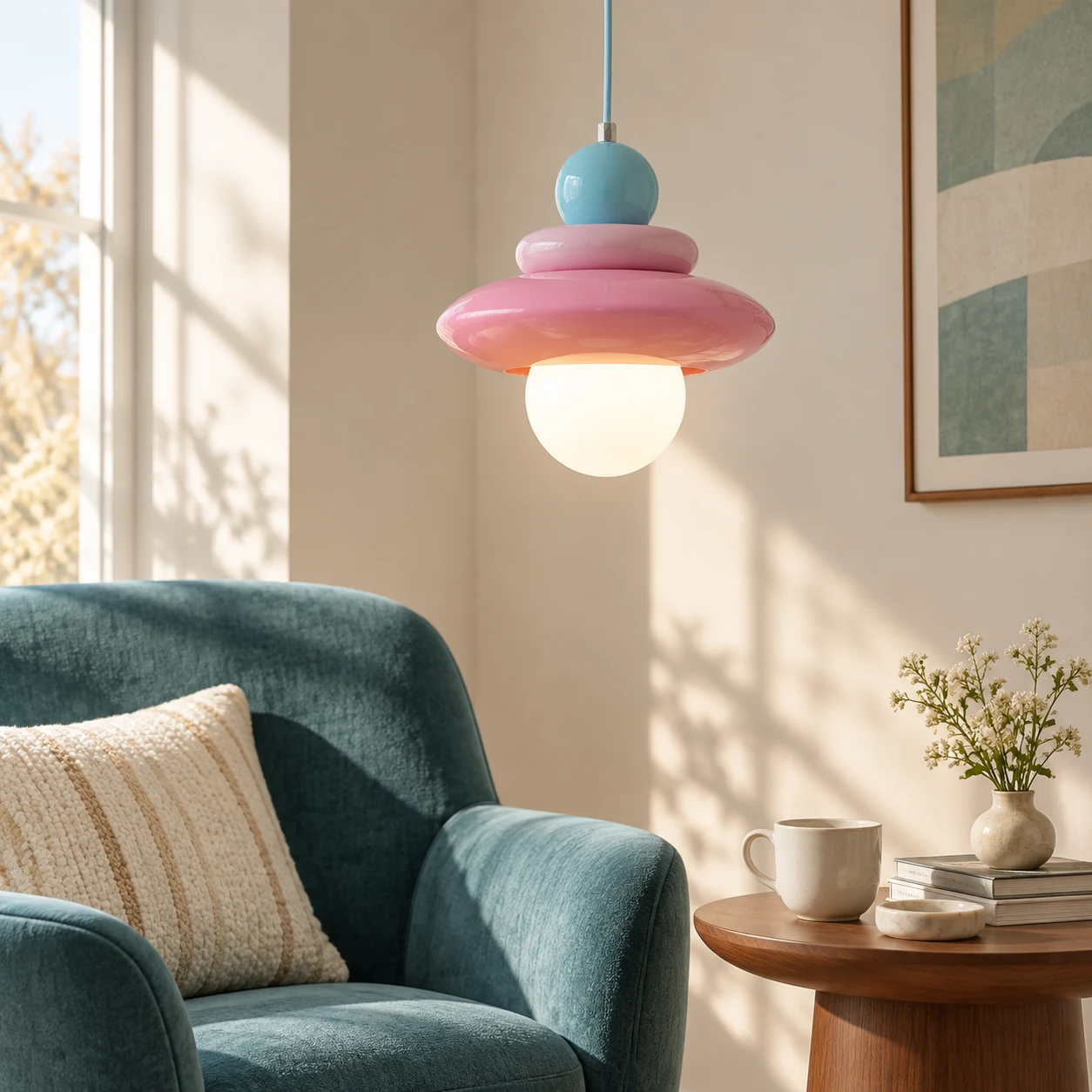 Nadine pink blue pendant reading scene
